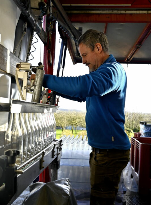 une personne rempli des bouteille de cidre